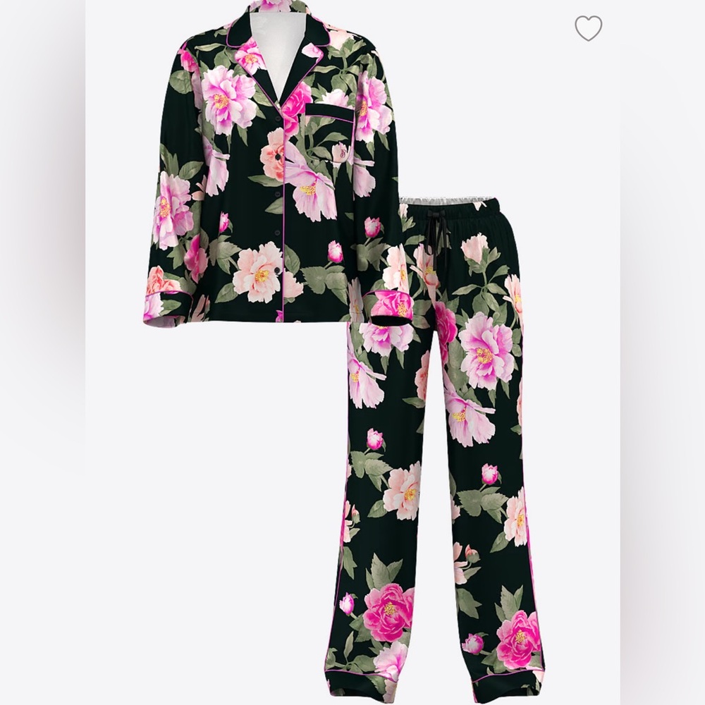 VICTORIA'S SECRET - Glazed Satin Long Pajama Set - Black Floral Bouquet - NEW